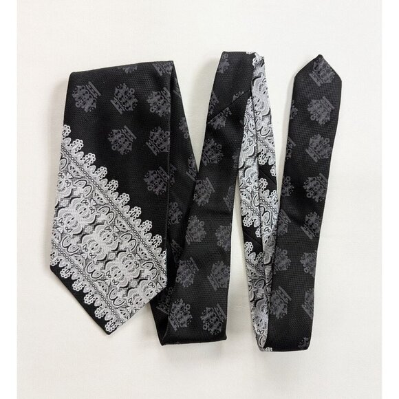 Vintage Wembley Wemlon Crown Print 70's Black & Silver Necktie - Picture 3 of 10